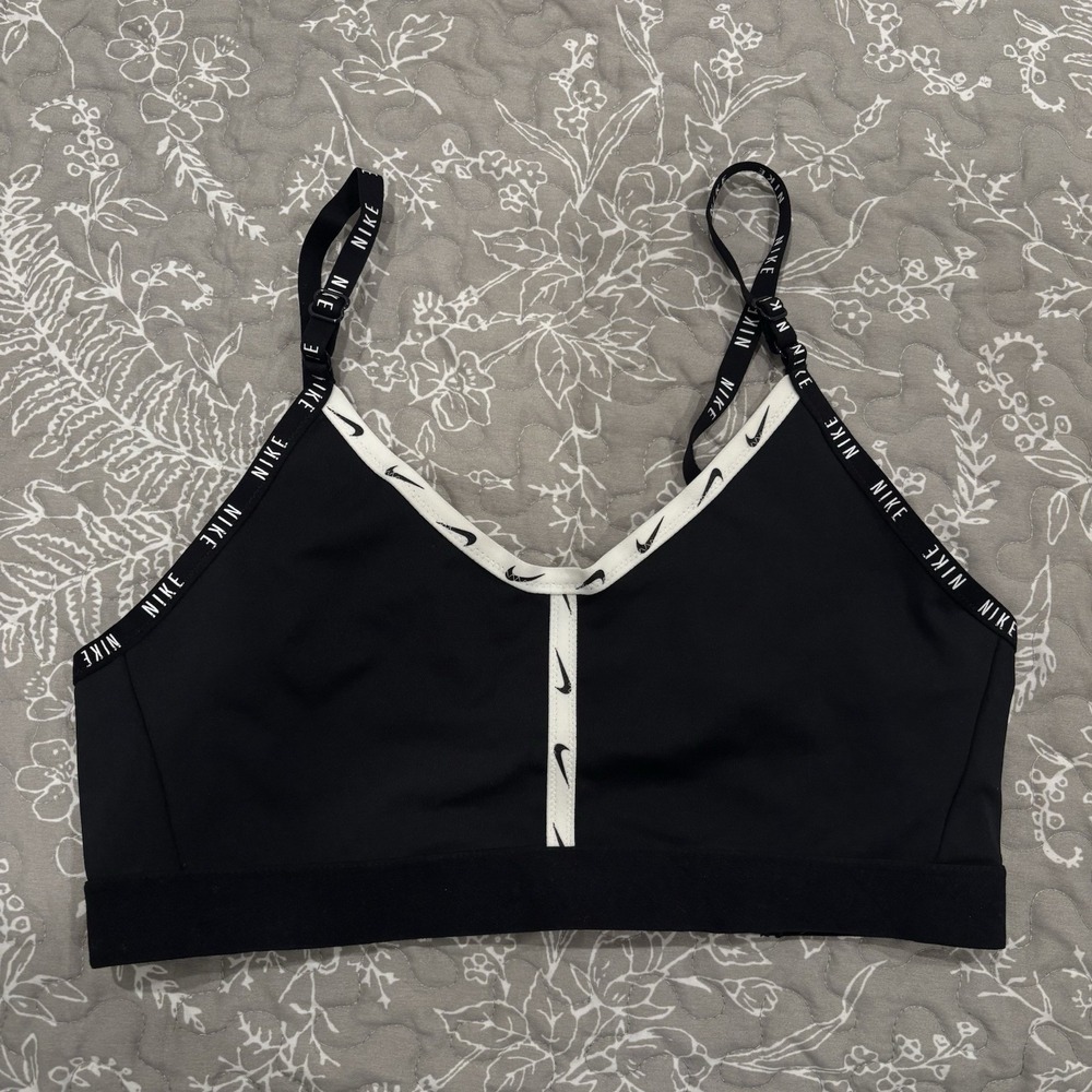 Nike Dri-FIT Indy Light Support Sports Bra White Black Logo Straps Size M